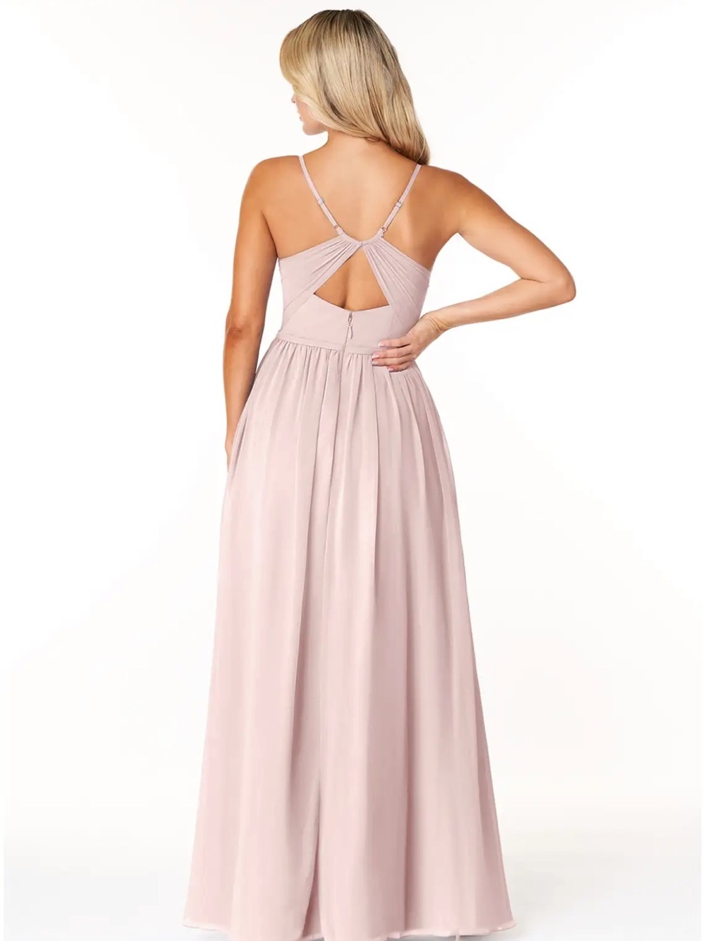 Azazie Dominic - Blushing Pink A-Line V-Neck Pleated Chiffon Dress - Picture 2 of 10